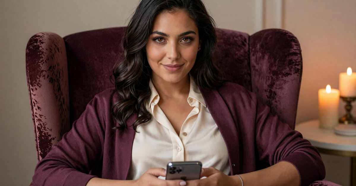Noa, a curvy mixed-heritage woman in deep plum cardigan smiling on a velvet armchair, representing the welcoming Small Penis Club private dating community