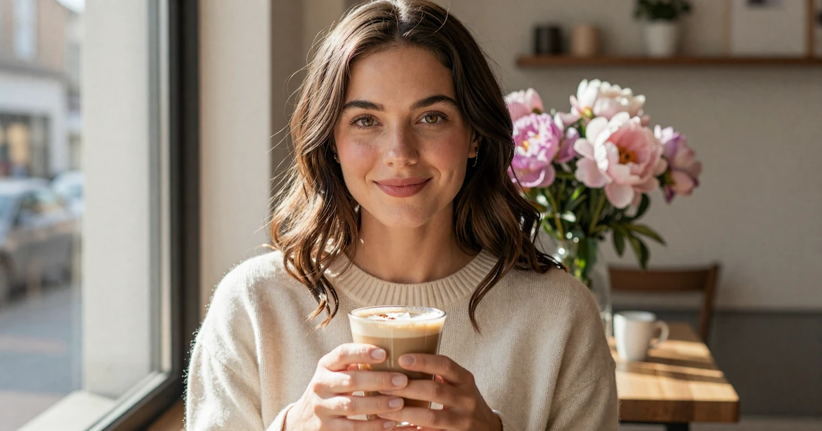Warm brunette woman smiling over an oat latte at a sunlit cafe window, representing body-positive acceptance for small penis men
