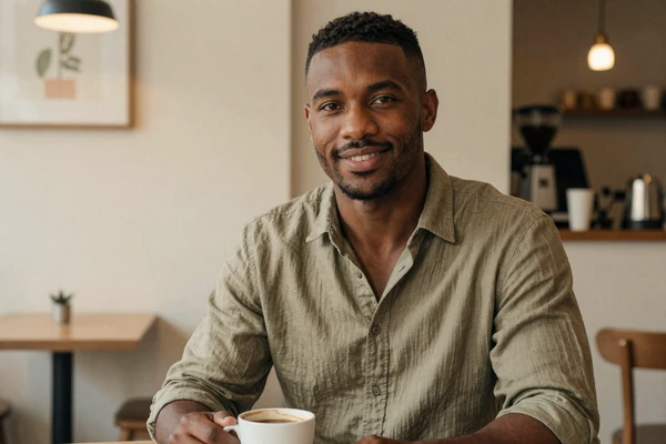 Devon at a cafe representing the Small Penis Men community on NewLoveOnline