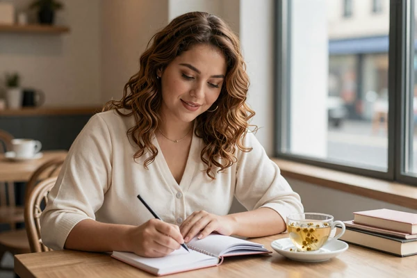Woman journaling at a cafe representing confidence and self-acceptance practices
