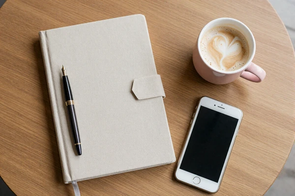 Flatlay journal, latte and peony representing confidence habits for body-positive dating
