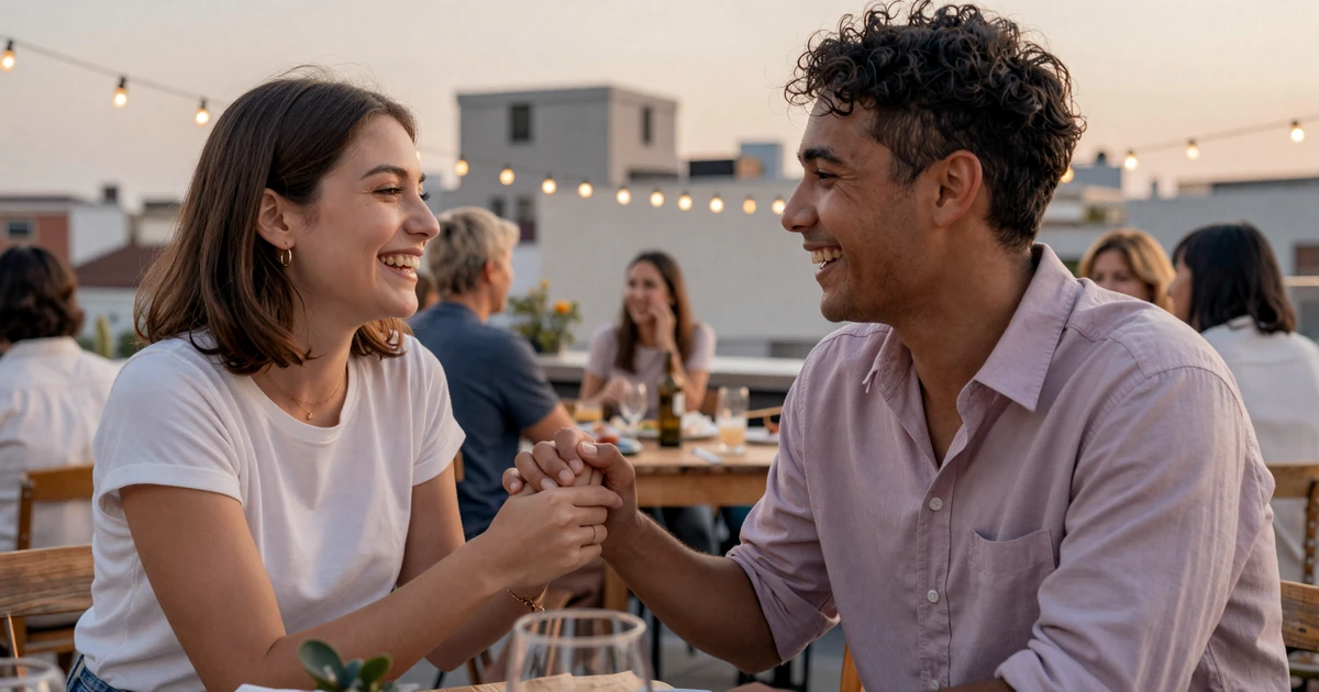 Couple laughing together over coffee, representing real dating success stories