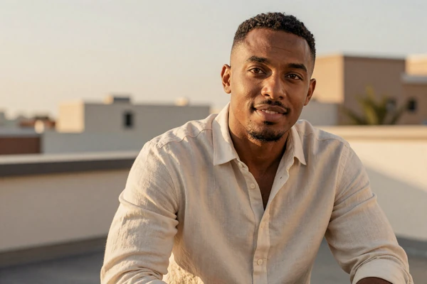 Smiling man in cream linen shirt on a rooftop, representing confident men in the small penis dating community