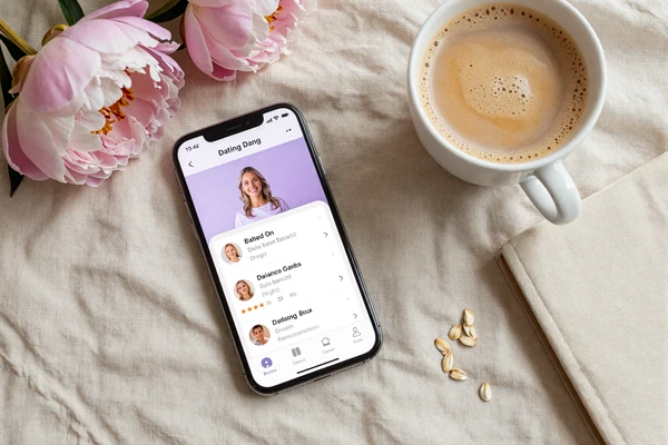 Flatlay of phone, peony and oat latte representing the 2026 small penis dating guide