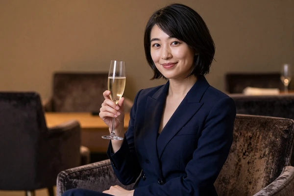 Elegant woman in navy blazer in a moody private lounge, representing the exclusive small penis club community