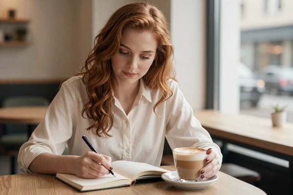 Aria journaling at a cafe representing body-positive dating confidence practices