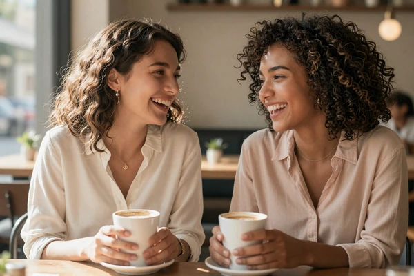 Two friends laughing over coffee representing what women find attractive beyond physical size